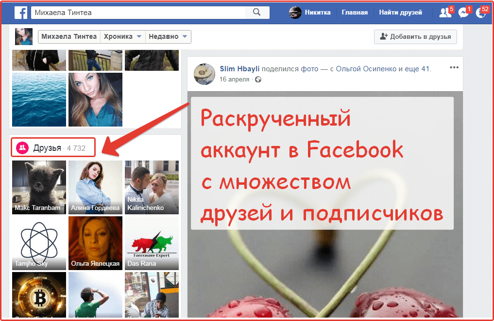 пример раскрученного аккаунта Facebook для рекламы